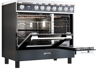 Black Freestanding Double Oven Kitchen Appliance With Knob Controls And Open Doors 3d model