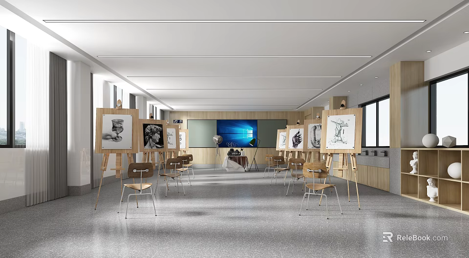 Spacious School Art Studio With Multiple Easels Chairs Drawing Boards And Front Screen 3d model 