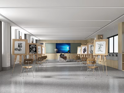 Spacious School Art Studio With Multiple Easels Chairs Drawing Boards And Front Screen 3d model