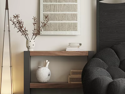 Elegant Modern Console Table Side Cabinet With Walnut Shelf Ceramic Vase And Woven Art 3d model