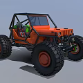 Orange Off Road Utility Vehicle With Large Tires Open Frame And Roll Cage