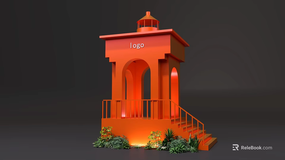 Bright Orange Outdoor Pavilion Featuring Logo Staircase Railing And Green Plants 3d model 