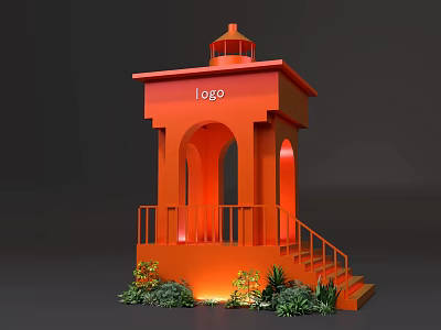 Bright Orange Outdoor Pavilion Featuring Logo Staircase Railing And Green Plants 3d model