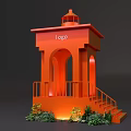 Bright Orange Outdoor Pavilion Featuring Logo Staircase Railing And Green Plants