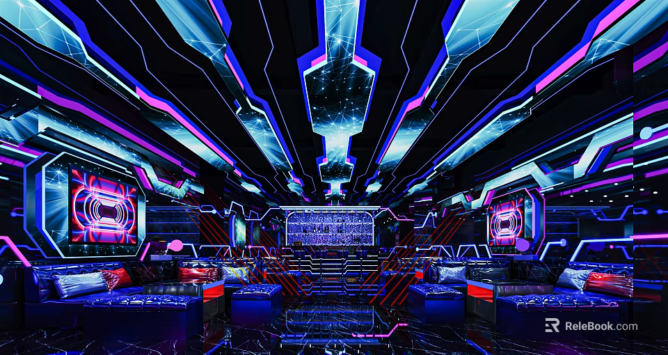 Modern KTV Interior Design With Neon Lights And Comfortable Sofa Seats Setup 3d model
