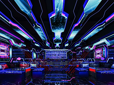 Modern KTV Interior Design With Neon Lights And Comfortable Sofa Seats Setup 3d model