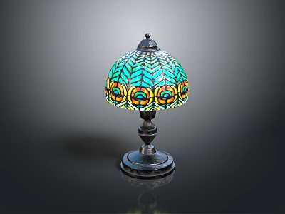 Vintage Table Lamp With Mosaic Glass Shade Green Blue Yellow Peacock Feather Metal Base 3d model