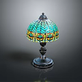 Vintage Table Lamp With Mosaic Glass Shade Green Blue Yellow Peacock Feather Metal Base