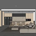 Modern Open Plan Living Dining Room With Beige Sofa Wooden Island Cabinets And Natural Light