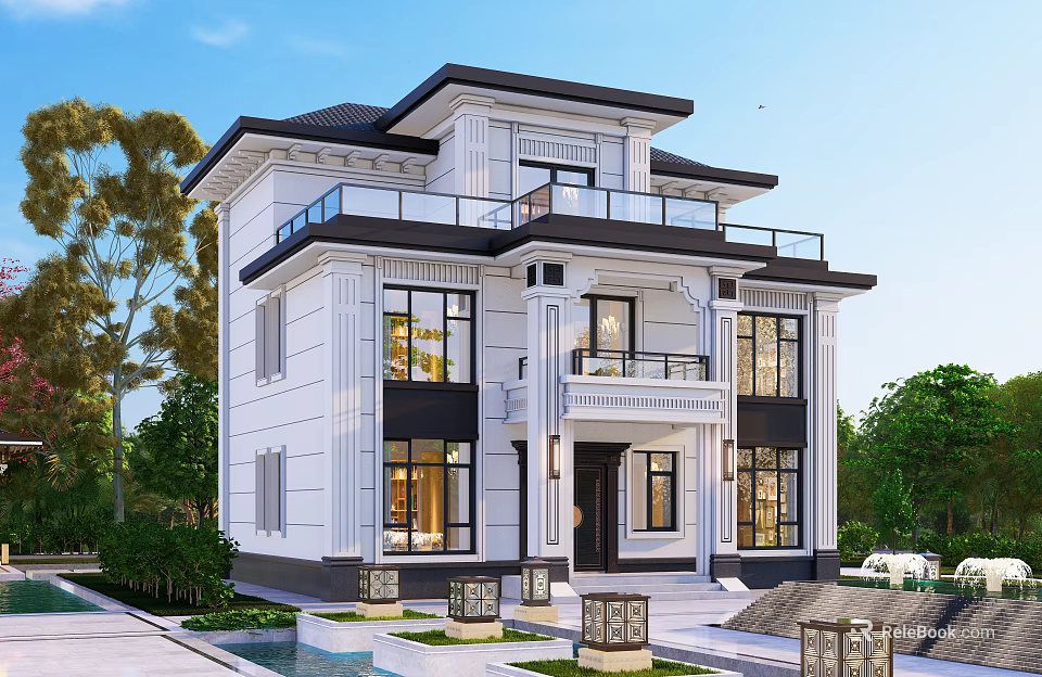 Elegant Two Story Detached Villa With White Exterior Balcony Large Windows And Courtyard Greenery 3d model 