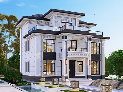 Elegant Two Story Detached Villa With White Exterior Balcony Large Windows And Courtyard Greenery 3d model