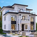 Elegant Two Story Detached Villa With White Exterior Balcony Large Windows And Courtyard Greenery