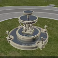 Classical Garden Fountain with Multi Tiered Structure and Sculptures on Green Lawn Under Blue Sky