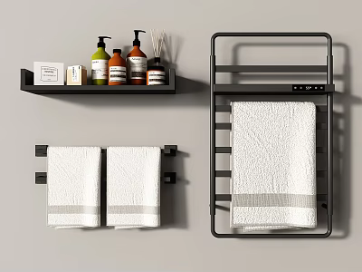Modern Bathroom Accessories With Black Metal Shelf Towel Rack White Towels And Bottles 3d model