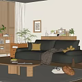 Black Leather Sofa Coffee Table Combination With Yellow Cushion Blanket And Plants In Natural Light