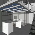Modern Public Office Space With Workstations Long Desks Office Chairs Staircase Mezzanine And Projector Screen