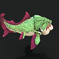 Green Aquatic Creature with Pink Fins and White Object in Mouth Unique Scales Design