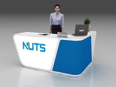 Modern White And Blue Reception Desk With NUTS Logo Laptop And Small Plant 3d model