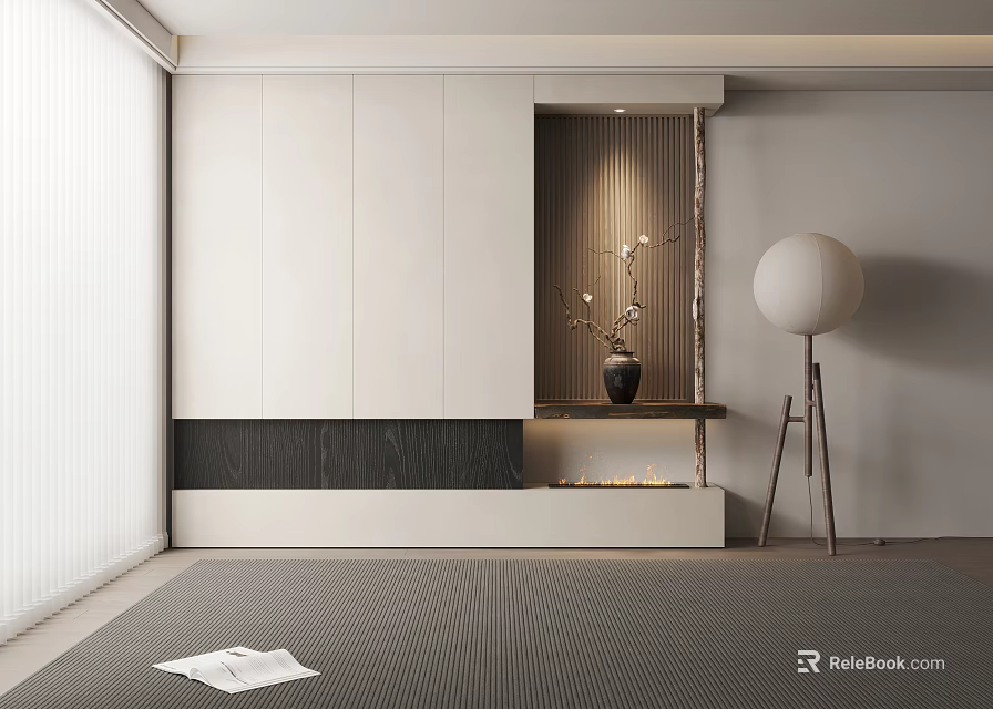 Modern White Entryway Cabinet and Side Cabinet with Decorative Vase and Floor Lamp 3d model 