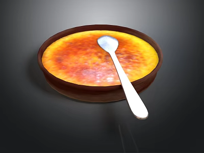 Delicious Creme Brulee With Caramelized Top In Brown Bowl And Silver Spoon 3d model