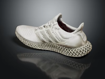 White Knitted Upper Running Shoes With 3D Printed Sole And Three Stripes Design 3d model