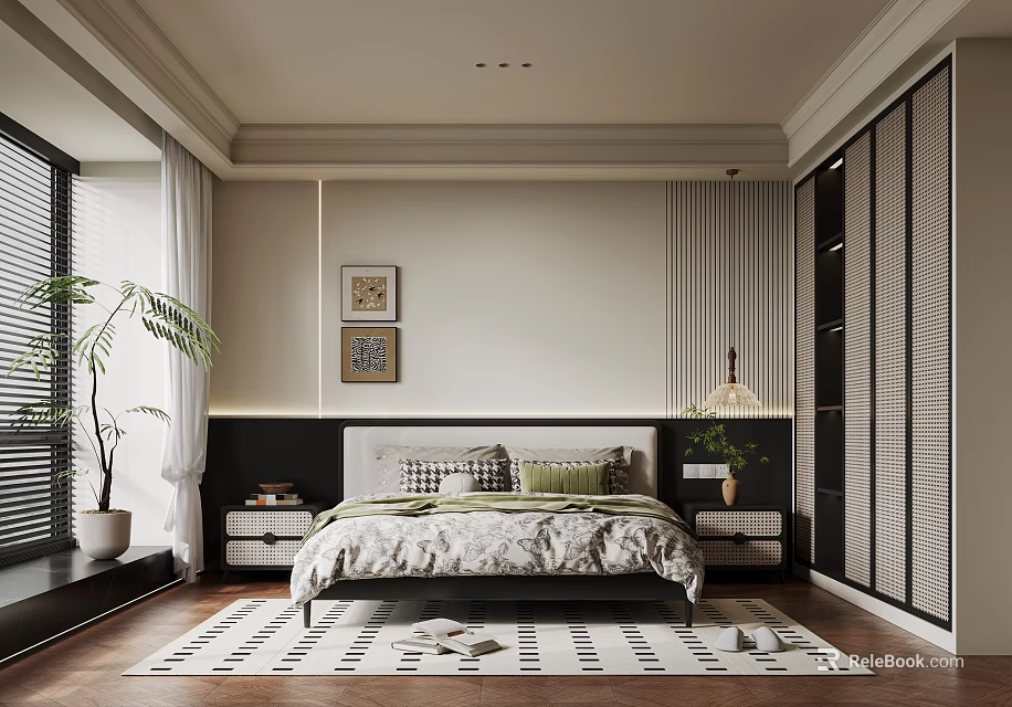 Modern Bedroom Interior Design With Bed Nightstands Table Lamp Artworks Green Plant And Striped Rug 3d model 