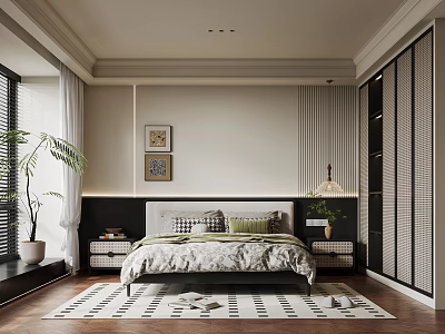 Modern Bedroom Interior Design With Bed Nightstands Table Lamp Artworks Green Plant And Striped Rug 3d model