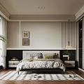 Modern Bedroom Interior Design With Bed Nightstands Table Lamp Artworks Green Plant And Striped Rug