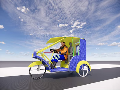 Yellow And Blue Electric Tricycle With Driver Riding On Road Under Blue Sky 3d model