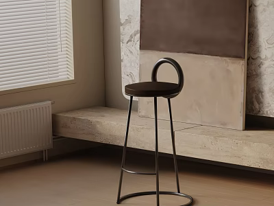 Modern Black Bar Stool With Curved Backrest Metal Frame Near Stone Wall And Window Blinds 3d model
