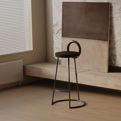 Modern Black Bar Stool With Curved Backrest Metal Frame Near Stone Wall And Window Blinds 3d model