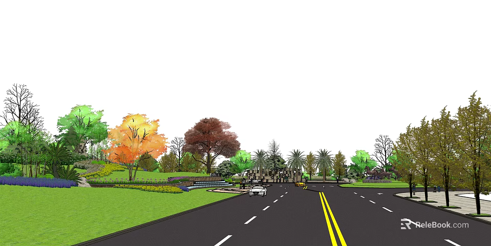 Modern Building Facade Design With Natural Stone Texture And Surrounding Greenery Trees 3d model 