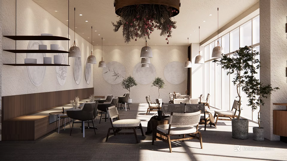 Modern Café Interior With Hanging Lights Floral Installation Round Wall Decor Large Windows Wooden Chairs 3d model 