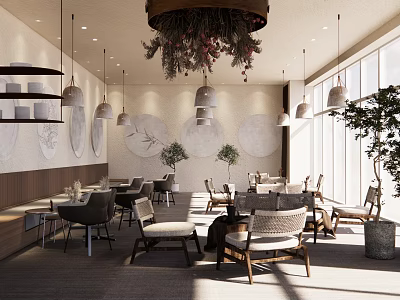 Modern Café Interior With Hanging Lights Floral Installation Round Wall Decor Large Windows Wooden Chairs 3d model