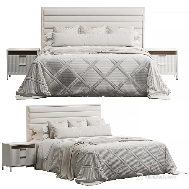 Modern Double Bed With Diamond Pattern Bedding White Nightstands And Beige Headboard 3d model 
