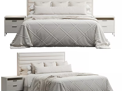 Modern Double Bed With Diamond Pattern Bedding White Nightstands And Beige Headboard 3d model