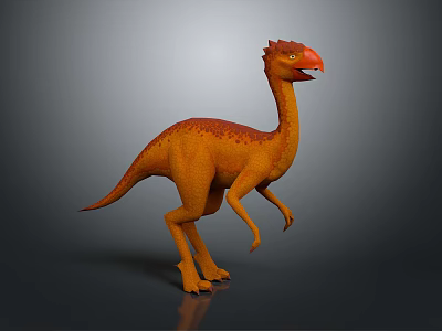 Orange Dinosaur With Long Neck Red Crest Standing Open Mouth On Gray Background 3d model