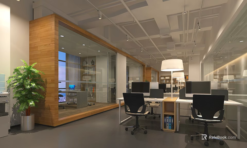 Modern Public Office Space With Workstations Computers Green Plants And Glass Partitions 3d model 