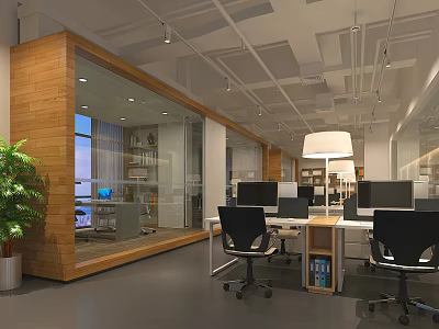 Modern Public Office Space With Workstations Computers Green Plants And Glass Partitions 3d model