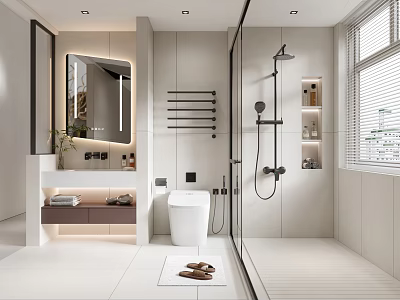Modern Bathroom Interior Design With White Vanity Toilet Glass Shower And Wall Shelves 3d model