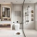 Modern Bathroom Interior Design With White Vanity Toilet Glass Shower And Wall Shelves