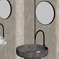 Elegant Bathroom Washbasins With Circular Mirrors Textured Walls And Brass Faucets