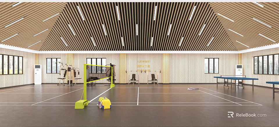 Indoor Fitness Gym With Badminton Court Workout Equipment And Wooden Ceiling For Sports Training 3d model 