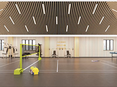 Indoor Fitness Gym With Badminton Court Workout Equipment And Wooden Ceiling For Sports Training 3d model