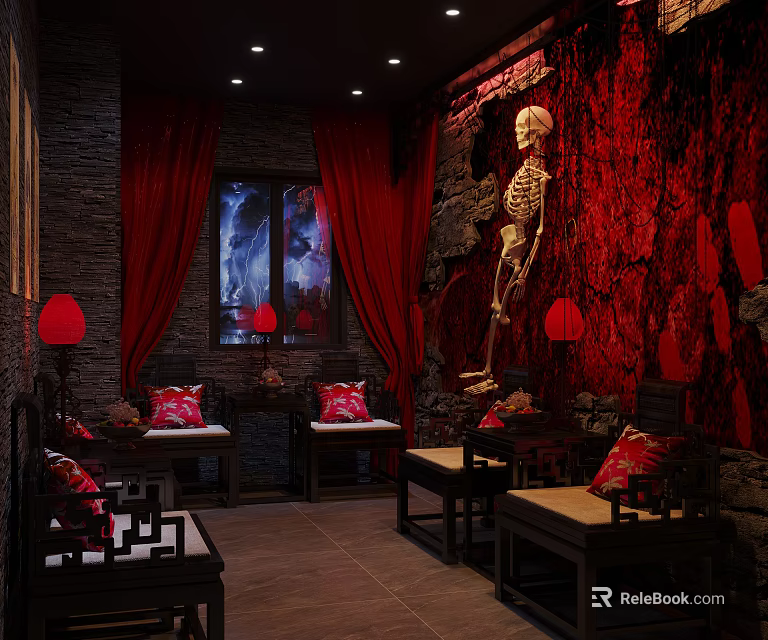 Eerie Interior Scene With Red Curtains Stone Walls Skeleton Red Lanterns And Cushions 3d model 