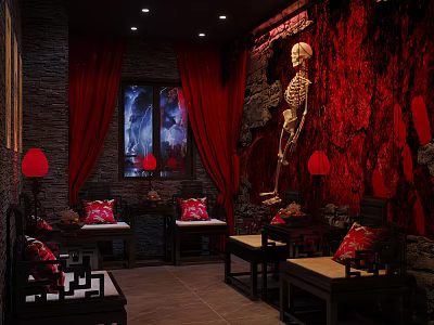 Eerie Interior Scene With Red Curtains Stone Walls Skeleton Red Lanterns And Cushions 3d model