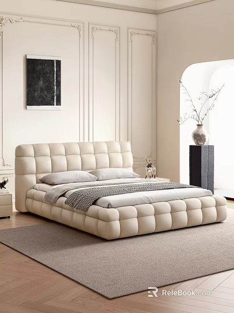 Beige Tufted Upholstered Double Bed with Gray White Bedspread and Vertical Stripes Wall 3d model 