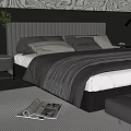 Modern Double Bed With Upholstered Headboard Striped Bedspread And Nightstands 3d model