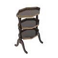 Three Tiered Wooden Corner Shelf Unit With Brass Accents And Vintage Curved Legs Design
