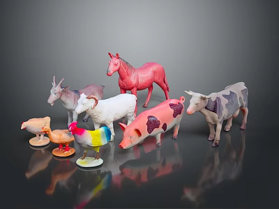 Colorful Plastic Animal Toys Set Featuring Horse Goat Chicken Pig Cow And Duck On Reflective Surface 3d model